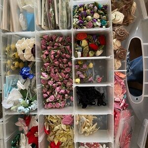 Multi-Compartment Craft Organizer Box with ribbon roses ect